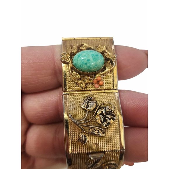 Vintage Stunning Mottled/Peking Glass Bezel Set Textured Bracelet (A2397) - Picture 8 of 13